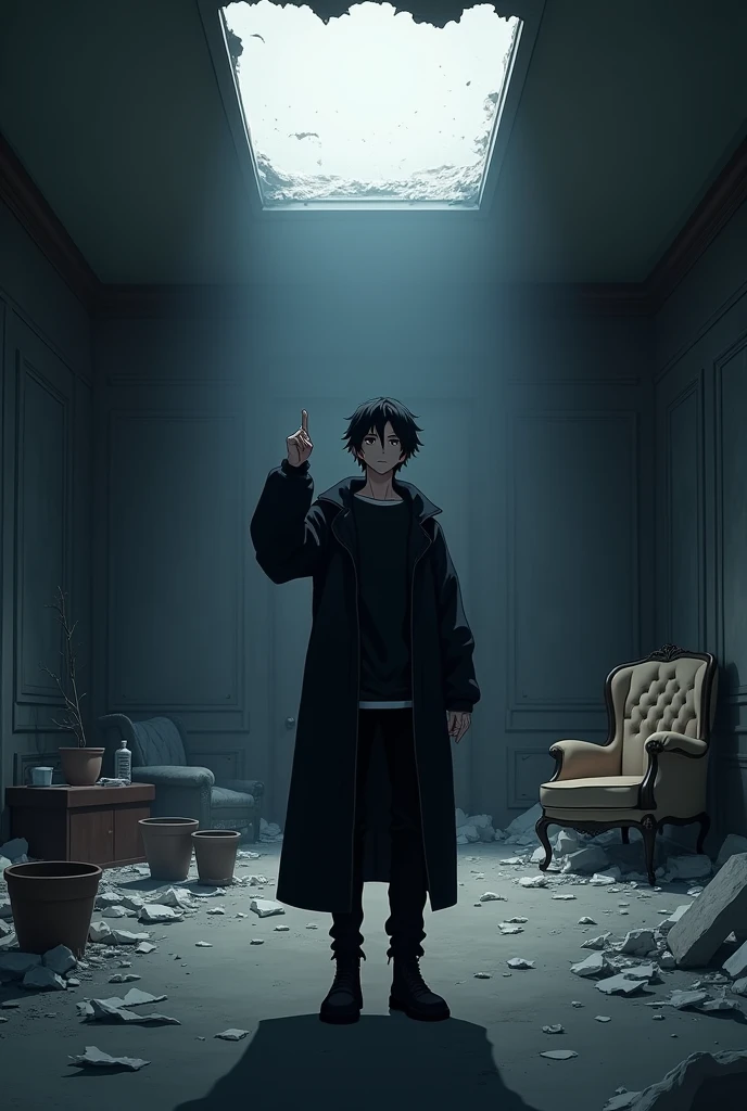 The image is anime style cowboy bebop and Darker than black with shadows and dim lights, anime style although somewhat adult and dark, It shows a single adult male aged 26., with black hair and black eyes, He is wearing a black t-shirt and a long black windbreaker.. He is pointing up with his finger. It is located in a luxurious destroyed room, There is furniture debris, pots and other things, as well as white debris everywhere, the light filters through a small skylight.