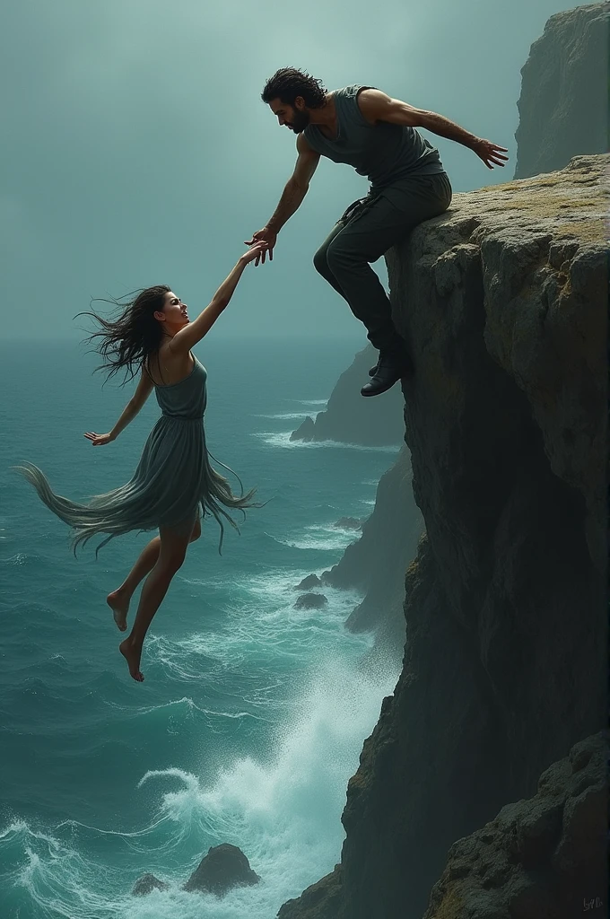 a guy on the edge of a cliff trying to get hold of a girl