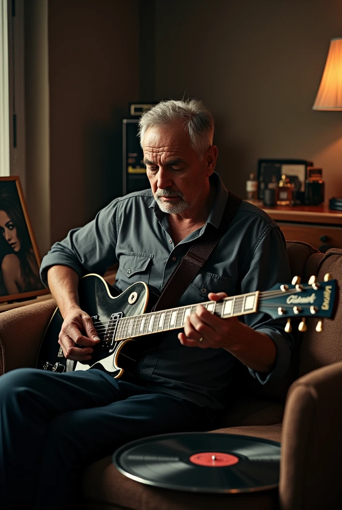 A 40-year-old man sitting on the couch playing the blues with a Gibson Les Paul electric guitar and next to him on the table is a picture of a beautiful woman with green eyes and on the table there is also a blues vinyl record.
