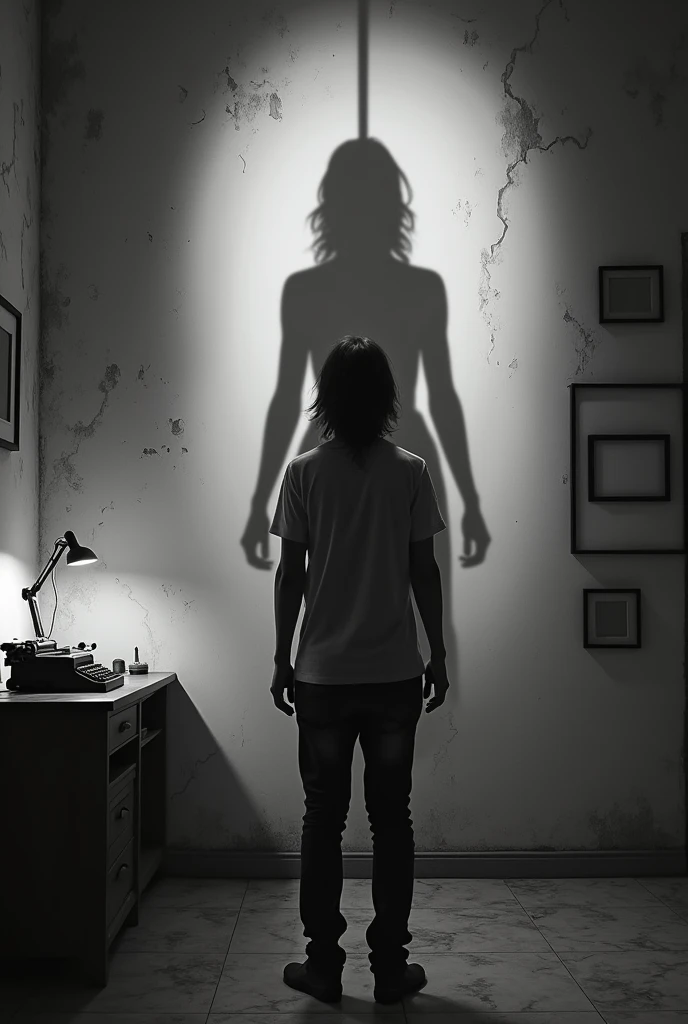 A b&w long shot of a man from behind facing a blank wall. He is wearing a black shirt and is 23 years of age. The man has long messy unkempt hair and is tilting his head facing the wall, mimicking a hanged dead body. He is in a dark,
dilapidated destroyed room with no light. It is a horror setting. The shadow of a girl in the same tilting pose appears much bigger on the wall. Both shadows are seen on the wall illuminated by light off-screen. The man's back is seen while he is facing the wall and the woman's shadow is only seen on the same wall in the same pose. They are tilting their heads. The girl's shadow is of a
hanged dead body with a tilted head. The girl's shadow is not on the side but the middle of the wall and appears with a tilted head. The man is 6 feet tall. The wall is not broken and there is a typewriter on a table on the side. There
is no noose in the shadow. The girl's hands are forming a fist. She is in the same pose as the man. The girl is 25 years of age. The man is close to the wall and the girls shadow comes from behind in the center of the wall. There are empty picture frames on the wall too. The room has a marble floor and a typewriter on a study table with a desk lamp. We only see the man's back facing the wall. He look weak and tired. The shadow is of a young woman with a
bent neck. Make the room darker and the shadow blurrier