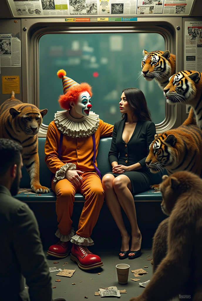 Clown sitting talking to a woman on a subway and wild animals around him