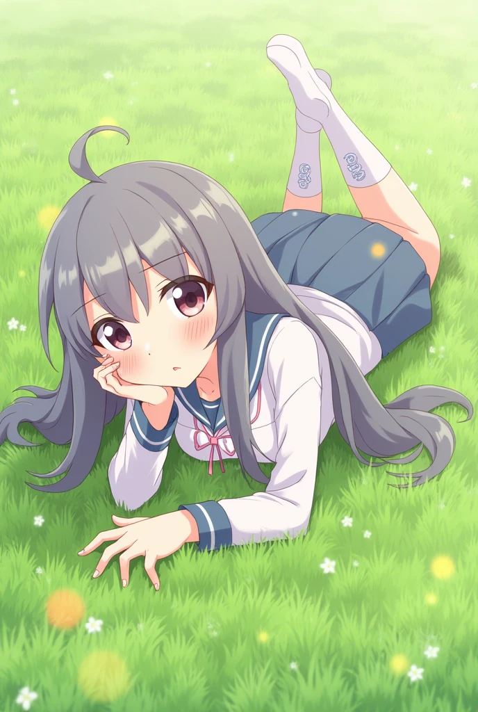 anime girl in school uniform lying on her stomach on grass