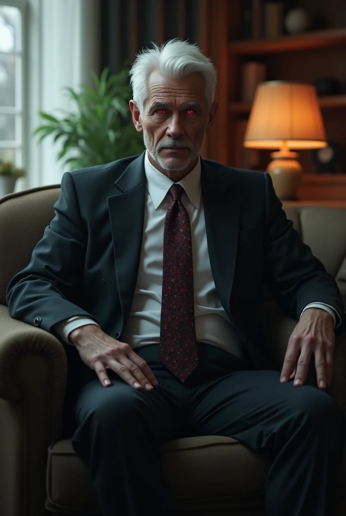 Man with white hair and red eyes, with a slight psychopathic smile, psychologist, with formal suit, in a room, sitting in a comfortable chair with a long sofa close to his right. cheered up. cheered up.
