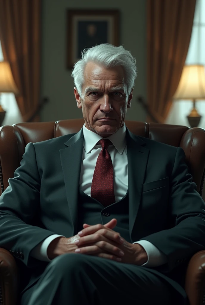 Man with white hair and red eyes, with a slight psychopathic smile, psychologist, with formal suit, in a room, sitting in a comfortable chair with a long sofa close to his right. cheered up. cheered up.