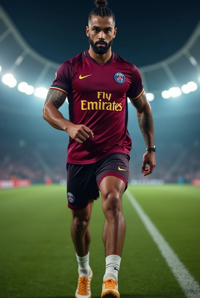 View full body Young Muslim man handsome sexy muscular white lips thick athletic body masculine energy and sexy defined chin trimmed beard braid with gradient on the sides colorful tattoo wearing a burgundy PSG training uniform with gold letters and symbols, burgundy shorts and white boots, at the training camp doing an agility course passing through cones. The training takes place at night and the stadium&#39;s floodlights illuminate the stage.. Lora style, Photoshoot, 8k