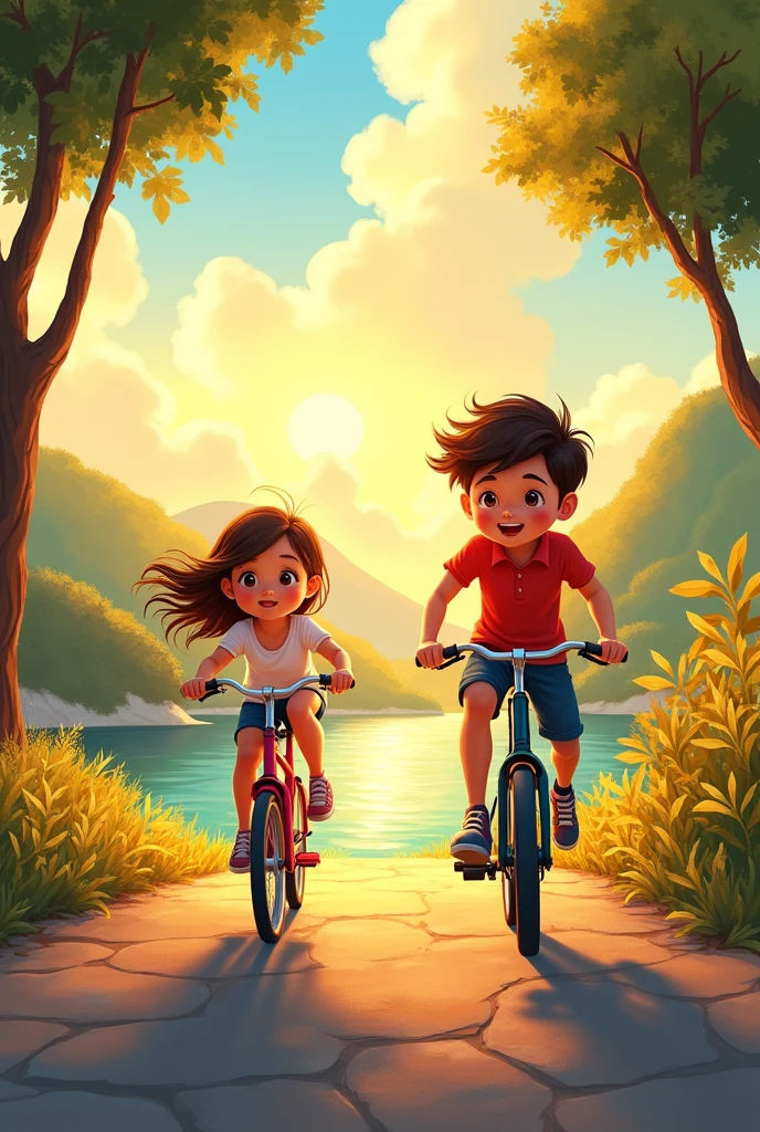 Make a banner for cycle rental website in animated form with warm and beautiful colour in artistic impression in which boy on right corner is riding cycle and of left a girl is riding cycle with beautiful scene behind them