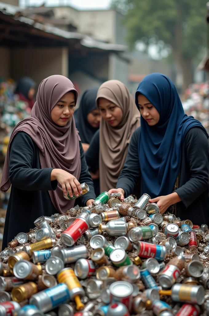 Women in hijab recycle tin allu and bottles