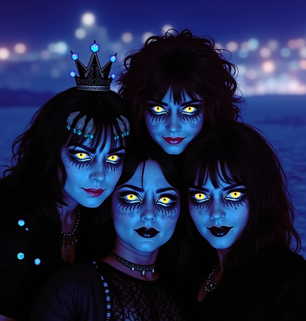 (Masterpiece.UHD.photorealistic) 4 ultra hot gorgeous European women. Age 23. Female kiss rock band.attractive beautiful women, age 23. Full lips. Gorgeous face. Epic cleavage.(100e breast size)(( kiss rock band makeup.)) blurry background wasteland.