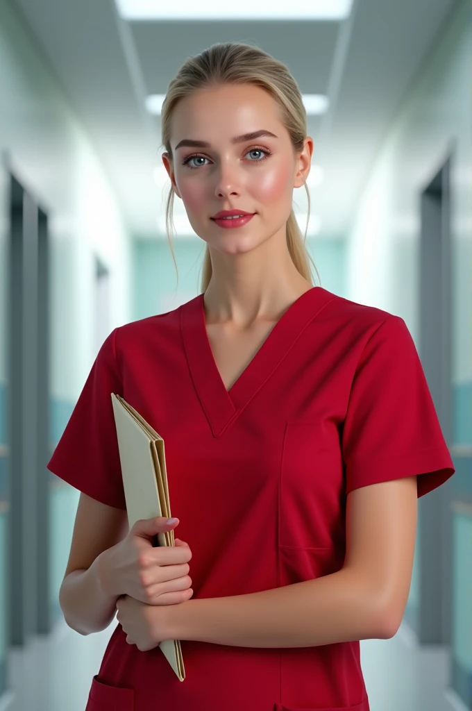 Young blonde woman dressed in red clinical uniform with a folder in her hand