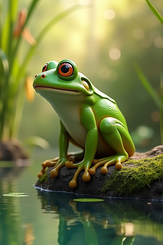 Fynn, the little frog, perched on the edge of the pond, preparing to leap out of the water for the first time.