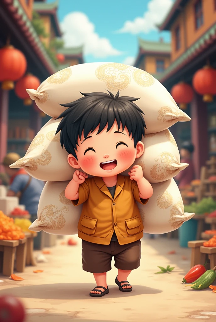 Draw me a picture , chubby boy holding 5 bags of rice paper