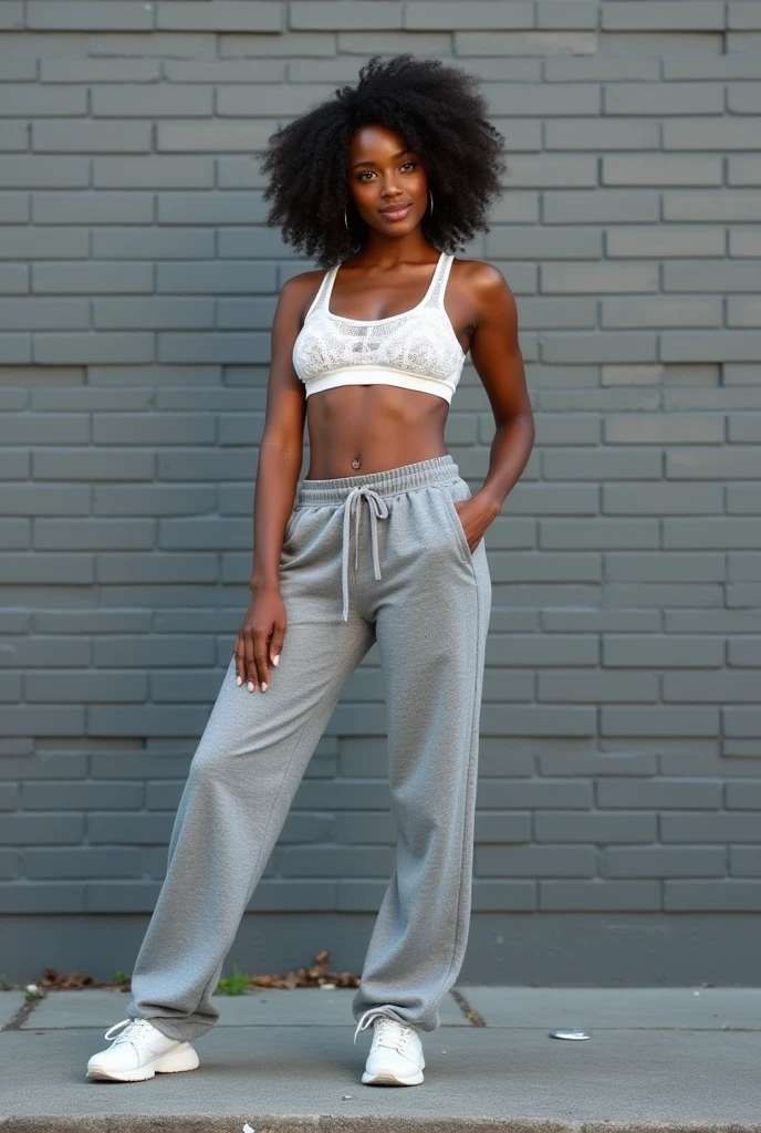Girl: Age: 23 Height: 175 cm Nationality: African American 1. Face: Face shape: Oval face with smooth, dark skin of a warm chocolate hue. Eyes: Large brown eyes with long lashes. The gaze is soft and calm. Lips: Full, expressive lips of a natural dark pink color, with a slight smile. Nose: Straight nose with rounded nostrils, of neat shape. Hair: Medium length, white in color. 2. Figure: Body type: Average height with a feminine figure and smooth curves. The waist is well-defined, hips are rounded, creating an hourglass silhouette. Breasts: Size 3, natural shape. Shoulders: Slightly sloped, giving the figure a softer appearance. Legs: Slim, long legs with toned muscles. 3. Clothing: Top: White lace sports top. Bottom: Wide gray sweatpants that accentuate the figure's curves. Shoes: High white sneakers. 4. Pose: A dynamic pose. 5. Location: Background: A gray brick wall on a street. Lighting: Studio lighting. Details: Some bricks are broken. Mood: Cozy and calm atmosphere, the girl appears relaxed and enjoying solitude. don't blur the background
