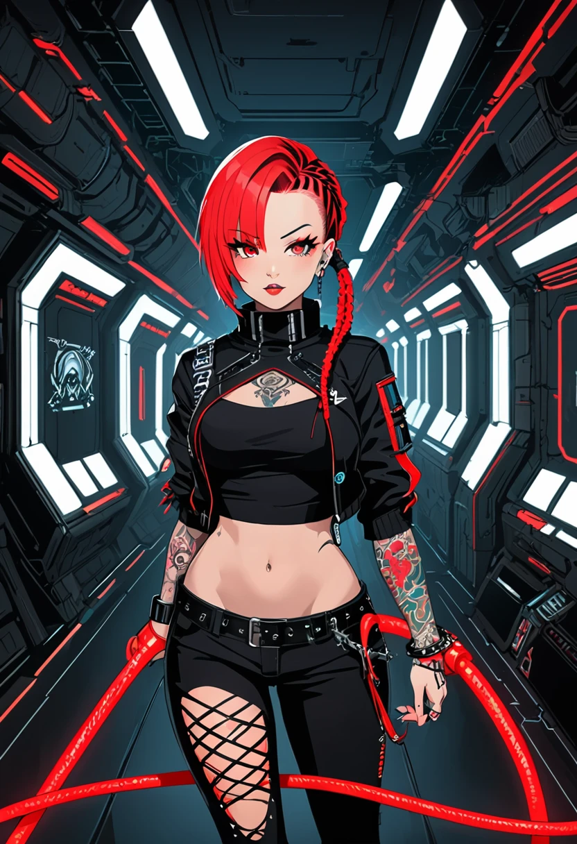 Create 2D art of an anime character. Christy Mack, beautfull woman, arched eyebrow, neon red eyes, blackquality hair, pixie cut and mohawk, with red dreadlocks, cyber plugs on the body and tattoos. Wearing a black jacket and a red and black crop top. He wears a technological bracelet on his right hand., e do bracelete, a neon red whip comes out. Environment is a corridor of a spaceship. Arte de estilo anime opera space e dark fantasy. Dead Space-like environment.