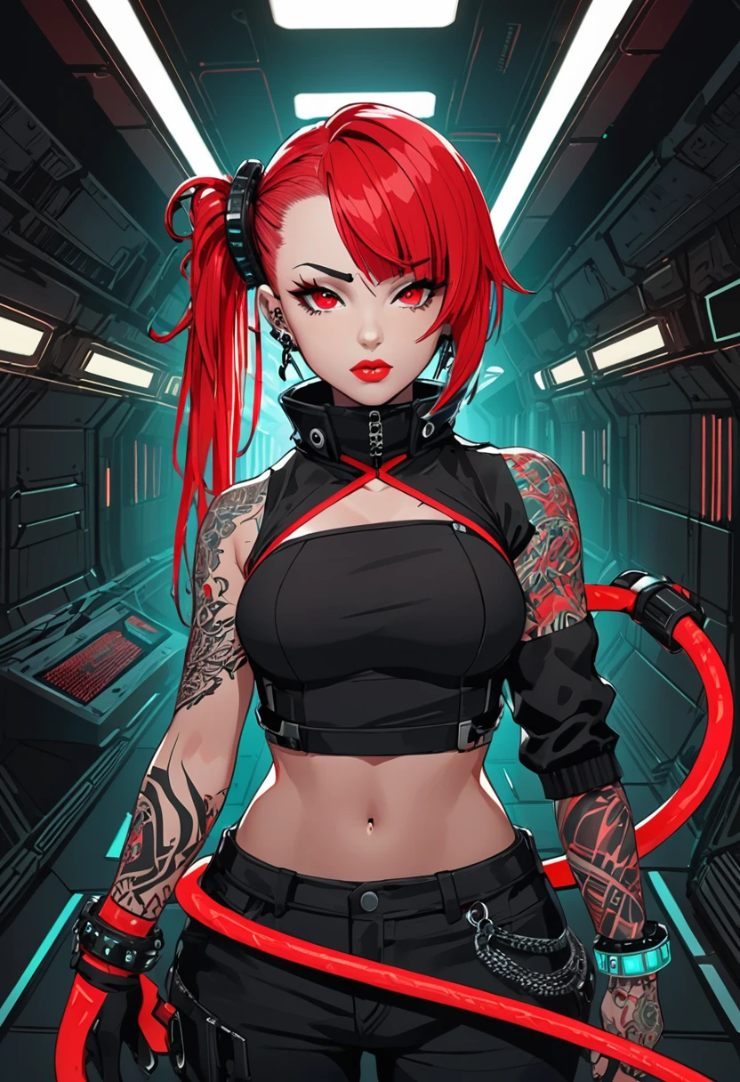 Create 2D art of an anime character. Christy Mack, beautfull woman, arched eyebrow, neon red eyes, blackquality hair, pixie cut and mohawk, with red dreadlocks, cyber plugs on the body and tattoos. Wearing a black jacket and a red and black crop top. He wears a technological bracelet on his right hand., e do bracelete, a neon red whip comes out. Environment is a corridor of a spaceship. Arte de estilo anime opera space e dark fantasy. Dead Space-like environment.