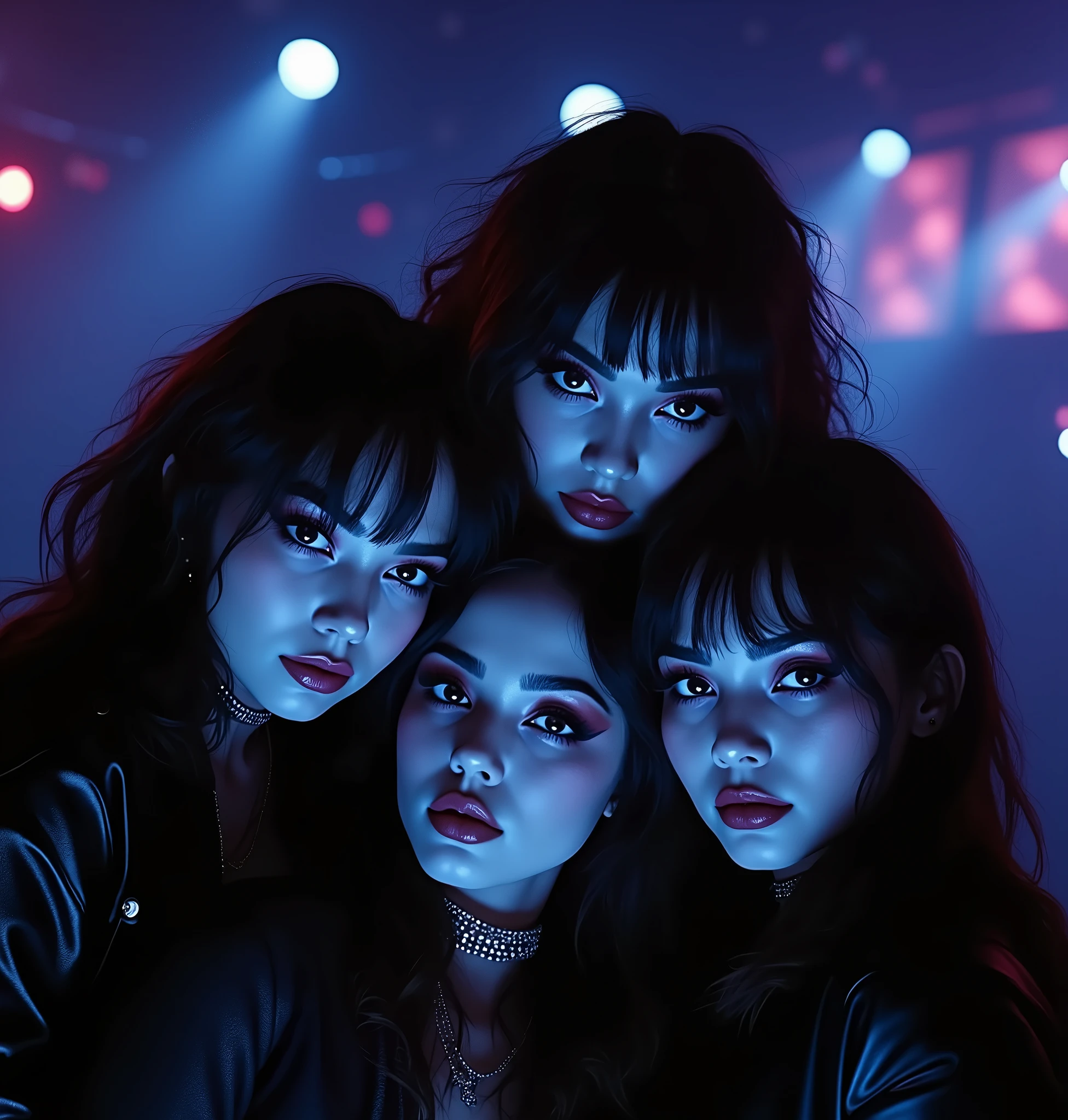 (Masterpiece.UHD.photorealistic) 4 ultra hot gorgeous European women. Age 23. Female kiss rock band.attractive beautiful women, age 23. Full lips. Gorgeous face. Epic cleavage.(100e breast size) kiss rock band makeup.