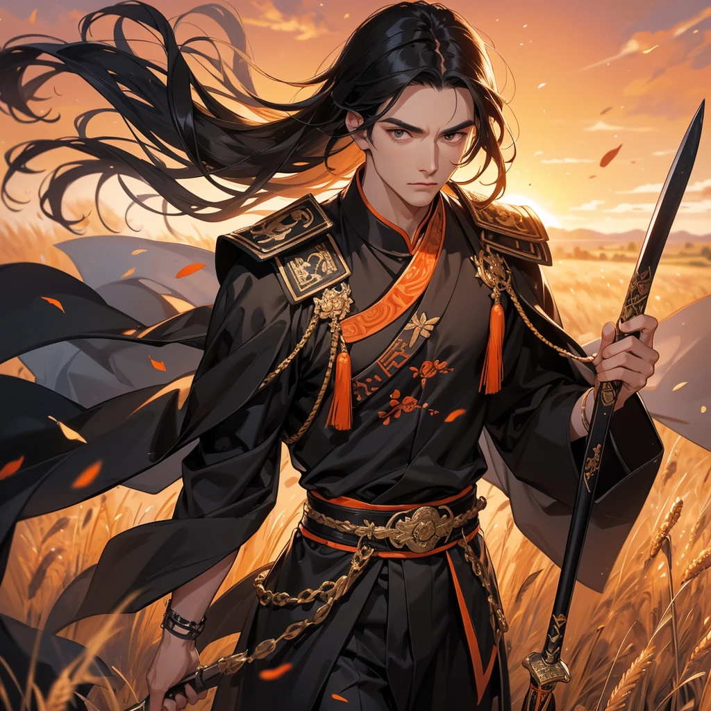 Handsome black-haired male general holding a large sword in black-orange ancient Chinese costume, Standing in the middle of wheat field, sunset, close up.