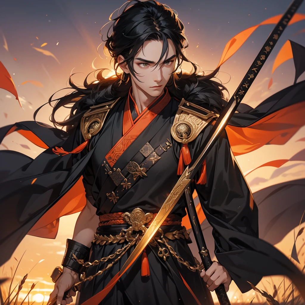 Handsome black-haired male general holding a large sword in black-orange ancient Chinese costume, Standing in the middle of wheat field, sunset, close up.