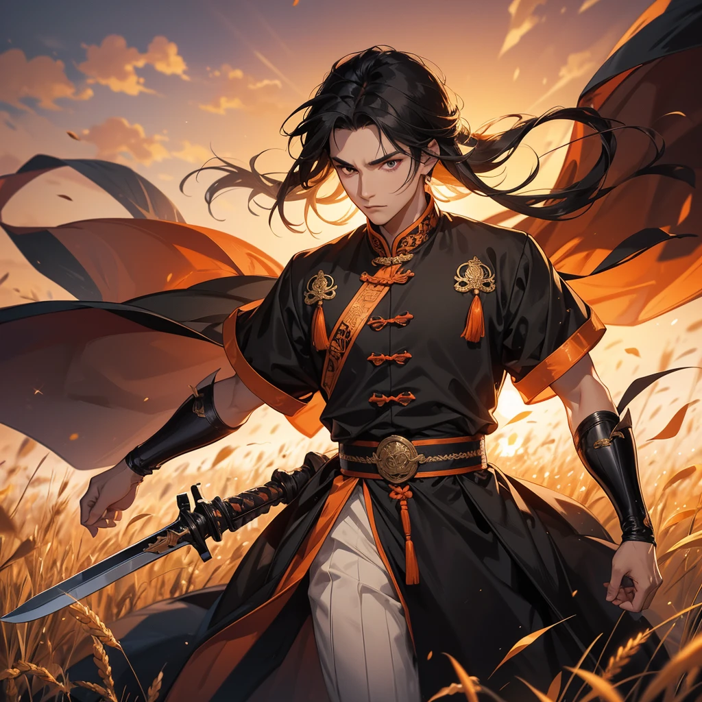 Handsome black-haired male general holding a large sword in black-orange ancient Chinese costume, Standing in the middle of wheat field, sunset, close up.