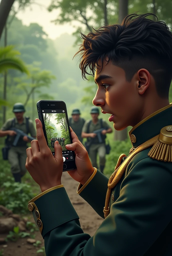 Depict a soldier excitedly posting a photo on Instagram that accidentally reveals part of the patriots' strategy. The image should show the horror on Bolívar’s face as he realizes the mistake, while Spanish soldiers in the background prepare to ambush.