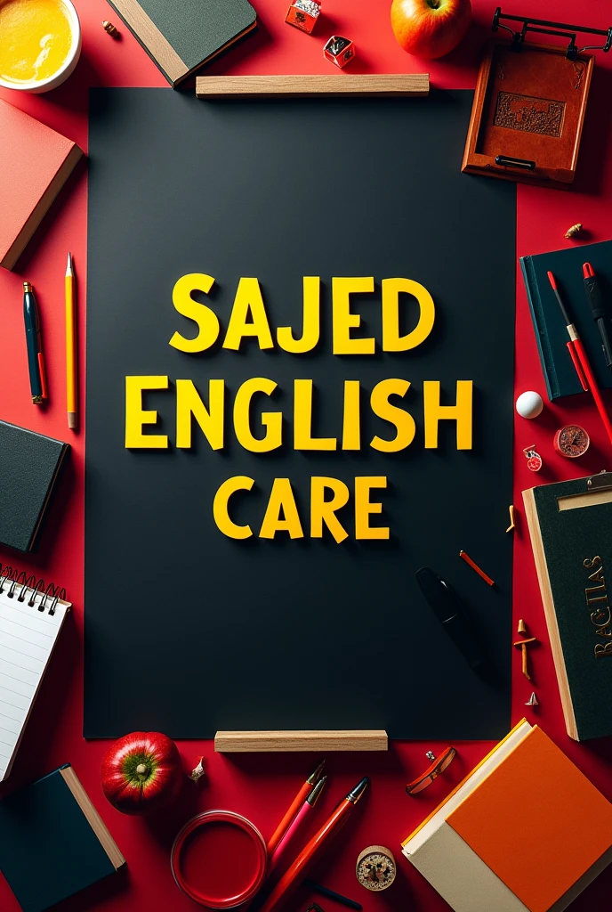 The color behind the banner will be black, red. The banner will read 'Sajed English Care'. The writing will be in yellow color. The writing color will be dark yellow. The color of the banner will be a combination of black and red. Around the banner will be books, notebooks, pens, pencils, sticks, scales. The banner will be bright and attractive to look at. The banner will be absolutely amazing.