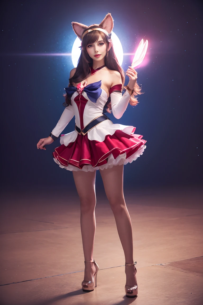 Masterpiece, best, Star Guardian Ahri, 1girl, animal ears, hair accessories, undressed sleeves, bare shoulders, skirt, magical girl, multiple tails, stockings, big breasts, white high heels, headband, whole body, (long hair : 1.5), bare shoulders, uniform, camera facing the audience