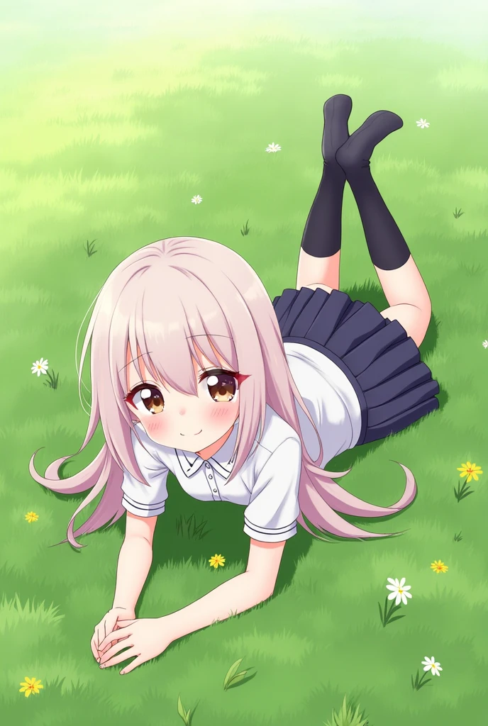 anime girl in school uniform lying on her stomach on grass