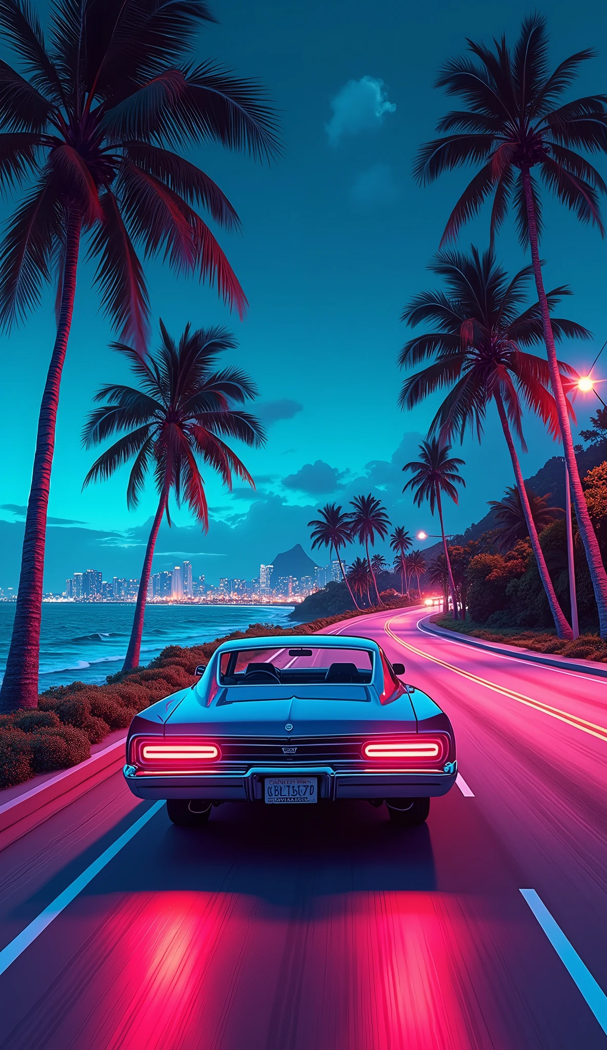 ideal vintage car, palm trees, marine drive way, GTA Vice City style, night vibe, 80s, Hawaii, retro comic style illustration(back view)