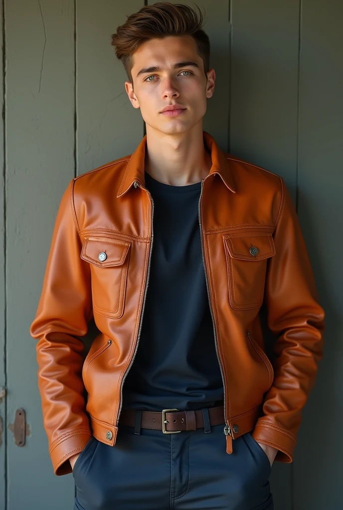 1boy, photo model, relax, focus to viewer, beautiful lighting, best quality, masterpiece, ultra highres, photorealistic, brown hair, chaqueta de cuero naranja, pantalones cargo azul marino, ojos azules, naranja skin,(planicies:1.4)