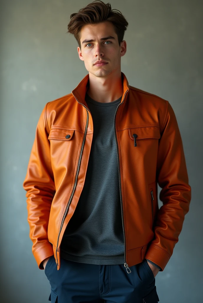 1boy, photo model, relax, focus to viewer, beautiful lighting, best quality, masterpiece, ultra highres, photorealistic, brown hair, chaqueta de cuero naranja, pantalones cargo azul marino, ojos azules, naranja skin,(planicies:1.4)