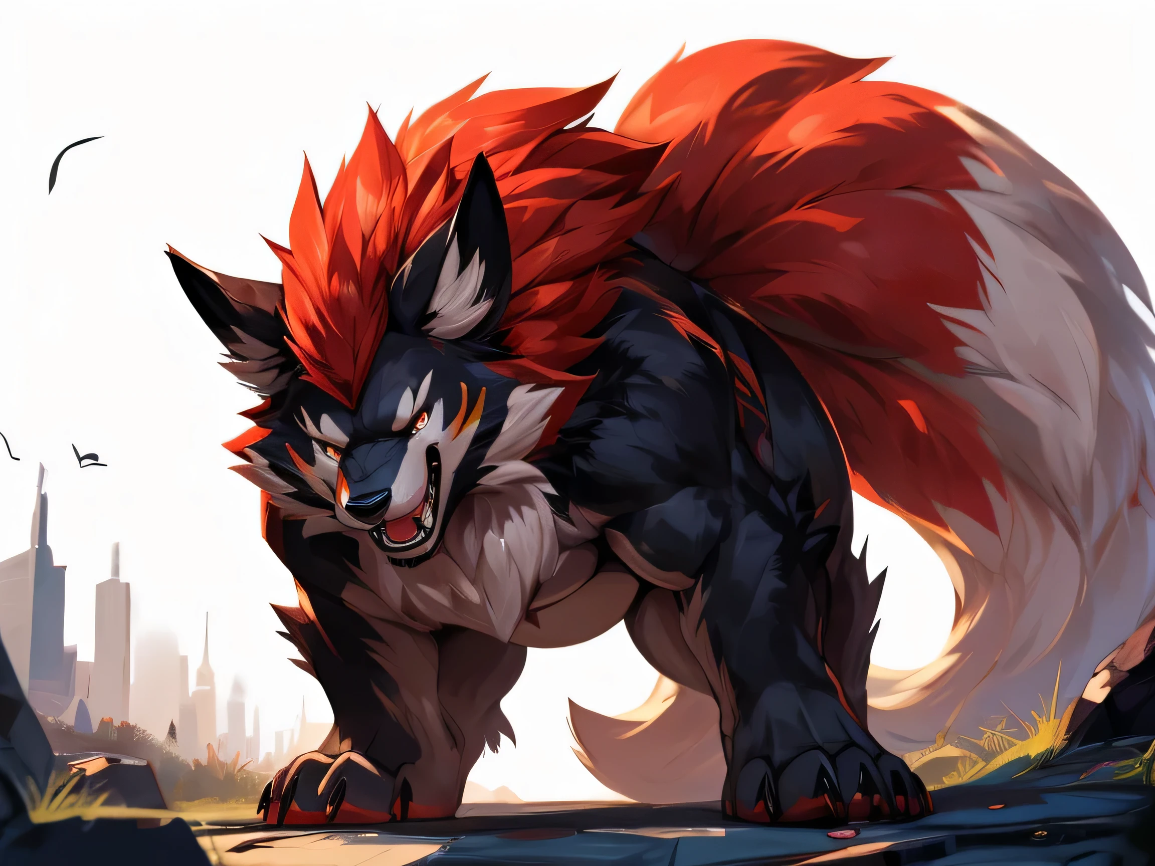 4k ultra quality, 4k full body view,(ultra high detailed body), feral Ninetail,giant monster, looking down on viewer,anime coloring,by mystikfox61, detailed body,thick thigh,chubby thigh,thick legs,chubby legs,massive butt,enomorous thigh,massive thigh,massive legs,thick lower legs,wide legs,fluffy tail,big paws,furry paws,animal focus, standing,strong lower body,(ultra detailed face),detailed eyes,angry face, roaring,large fang,black fur,red mane,front view,macro, from below,reflective fur,white background