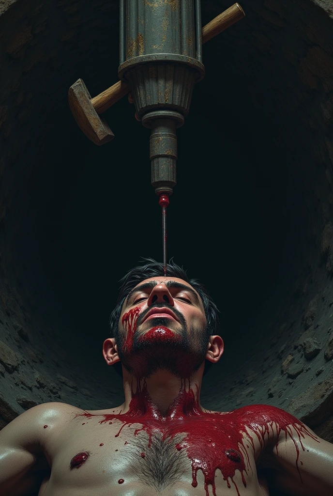  A unconscious sad
 man sitting inside the cave. The blood is dropping from his head. The drill machine is drilling on his head. Also the There is a nail putted in his head by a hammer 