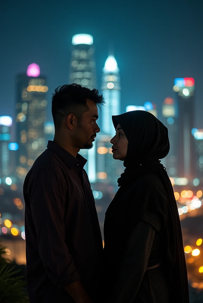 A 40 year old Indonesian man is taking a selfie with a woman wearing a hijab, half body photo with a city view in the background at night. UHD 16K super focus realistic original photo 
