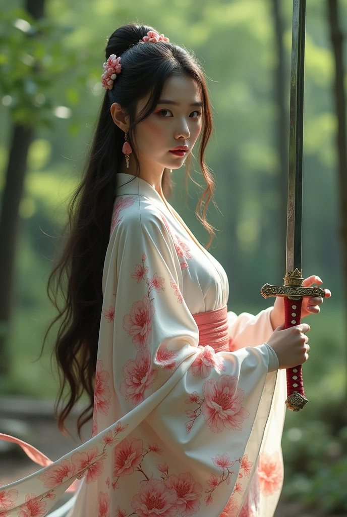 
creates a realistic image, a beautiful Asian woman with long flowing hair wearing a long-sleeved Japanese dress with detailed images of yaezakura flowers in certain parts of each piece of the dress, the part of the dress looks complicated but very elegant, the dress is white with the top of the neck of the dress black and the cuffs are white with a mix of colors, the dress is very complicated but cool, the dress is captivating with its beauty, so enchanting with real beauty, very realistic, holding a long katana sword with intricate and beautiful details on each blade, holding it with both hands hand and holding it to the side, the background of a peaceful forest in spring in Japan, realistic, cinematic, photographic