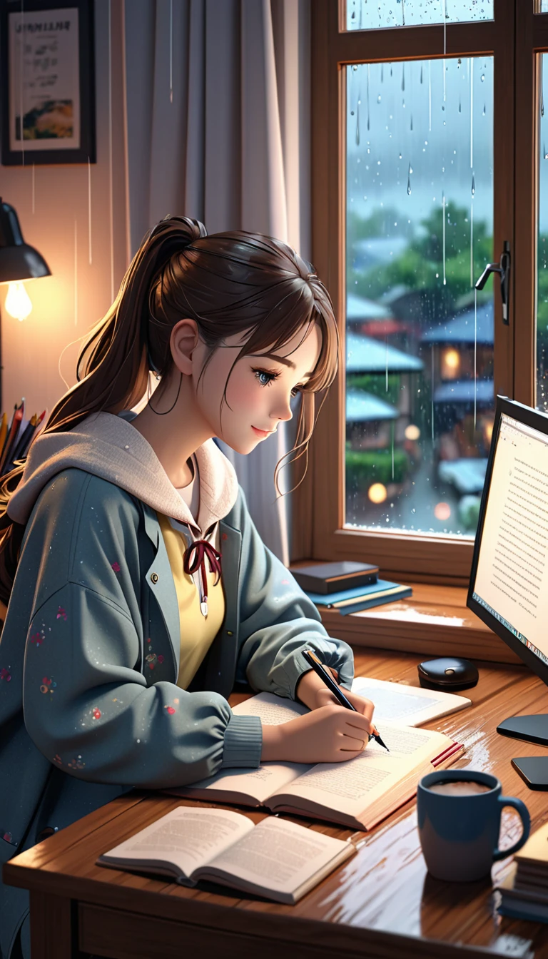 Girl studying at desk, Rain is falling on the window, Cute clothes, Cozy atmosphere, 8k, detailed.