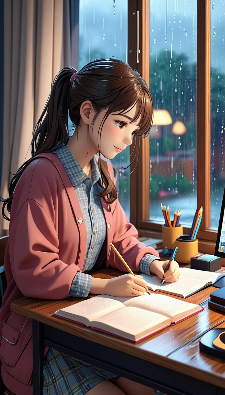 Girl studying at desk, Rain is falling on the window, Cute clothes, Cozy atmosphere, 8k, detailed.