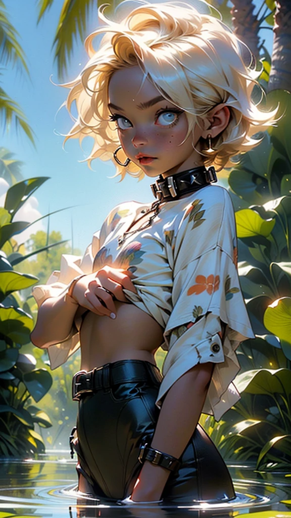 Child boy tribal,(((Child boy,Child boy,child,só child,,1Child boy,Male gender))),(((()))),
peito de child,(((hair blonde,punk hair,colored inner hair))),((eyeballs_yellows:1.3))),eyeballs intrikates,eyeballs lindos e detalhados,eyeballs simétricos,eyeballs grandes:1.5,(((black fur,darkskin,shining skin:1.5,skin tanned,skin fair: 1.5,skin tanned,shining skin,very shiny skin,shinny body))),(((corpo de child,a little chubby,good anatomy,accurate body proportions,detailed shota body for ,))),(((rosto e eyeballs detalhados))),
(nsfw),
(((bare chested,naked torso)))),(barefoot,),(((dog collar with spikes, with collar tips,slavegirl,colar de slavegirl,long chain leash connected to collar,manacles,g-string,protuberância na g-string))),((torn garments,wetclothes,intricate outfit)),
dynamic pose,looking at the observer,(Seriously),centralized,scale to adjust dimensions,rule of thirds,
plein-air,overgrown,(fundo overgrown),Scenario,Scenario extremo,(puddles everywhere,musgo,moss in the background),clouds,water lily pillows,palmtrees,reeds,(sunset, golden hour time),
(Bright Egyptian ornaments),high resolution,sharp focus,(ultra detaild,extremely detaild),(photorealistic art:1.37),(papel de parede CG unity 8k extremely detaild),(((swirly vibrant colors,vibrant theme))),(intrikate),(Masterpiece artwork),(best qualityer),Artistic photography,(Photograph taken by SLDR),(intrikate fundo), perfectly rendered face, perfect face details, lifelike face, photo realist, ((detalhes intrikates)), (((真实感))),