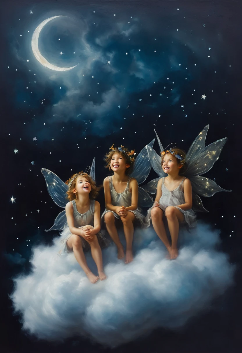painting of a funny fairies sitting on the clouds under the stars, dark atmosphere, cinematic scene, volumetric lights, ultra realistic, in the style of nicola samori