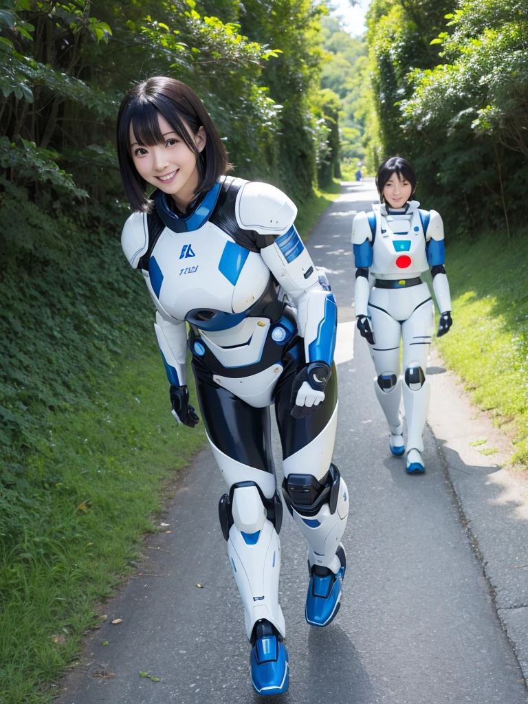 Japanese female android,Black Hair,White and blue robot suit,Plump,Walking through the valley of fresh greenery,smile,SakuraFubuki