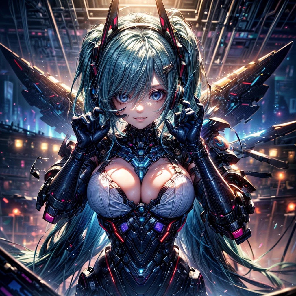 High resolution, Winner of numerous awards, Ultra high definition, Textured skin, retina, 
masterpiece,(bestquality),highlydetailed,ultra-detailed,1girl, （A composition where a girl with giant roboT 1.4）（roboT）(,natural lighting:1.5,confidentexpression),(panorama:1.2),mecha, smile,angle、chrome,raw（Hatsune Miku:1.5）Green hair twintails.(Beautiful large breasts with a nice shape:1.5)(White Cyber Bikini:1.2)(Headset microphone、Enthusiastic singing、smile:1.5)(Cyber Live Stage、online:1.5)(A large crowd behind:1.5)(Leaning forward、Reach out here:1.5)(highly detailed arms and legs)(Reaching out)