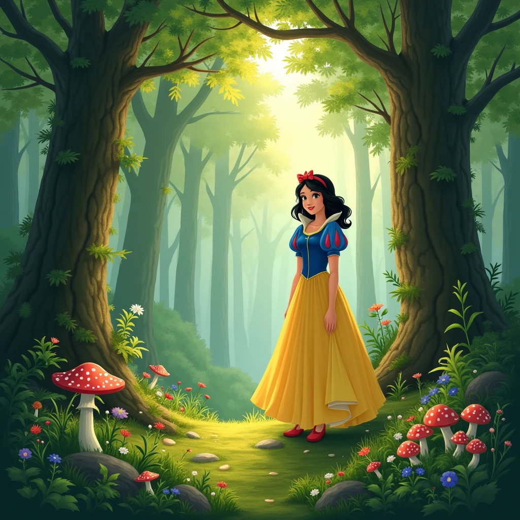 Create a fairytale setting inspired by the Snow White fairy tale, like a drawing style similar to the classic Snow White movie, the scene could be a forest
