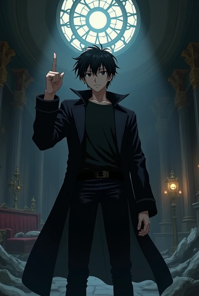 The image is anime style cowboy bebop and Darker than black with shadows and dim lights, anime style although somewhat adult and dark, It shows a single adult male aged 26., with black hair and black eyes, He is wearing a black t-shirt and a long black windbreaker.. He is pointing up with his finger. It is located in a luxurious destroyed room.