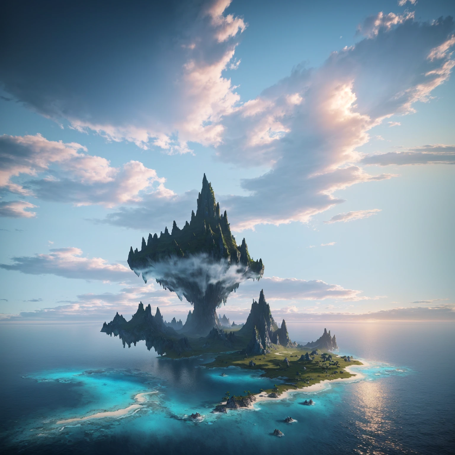 a small island in the ocean, FantasyStyle 8 k octane rendering, Stunning fantasy 3D rendering, flying island in the sky, epic dreamlike fantasy landscape, (octane rendering) FantasyStyle, rendered in cryengine, rendered in redshift,