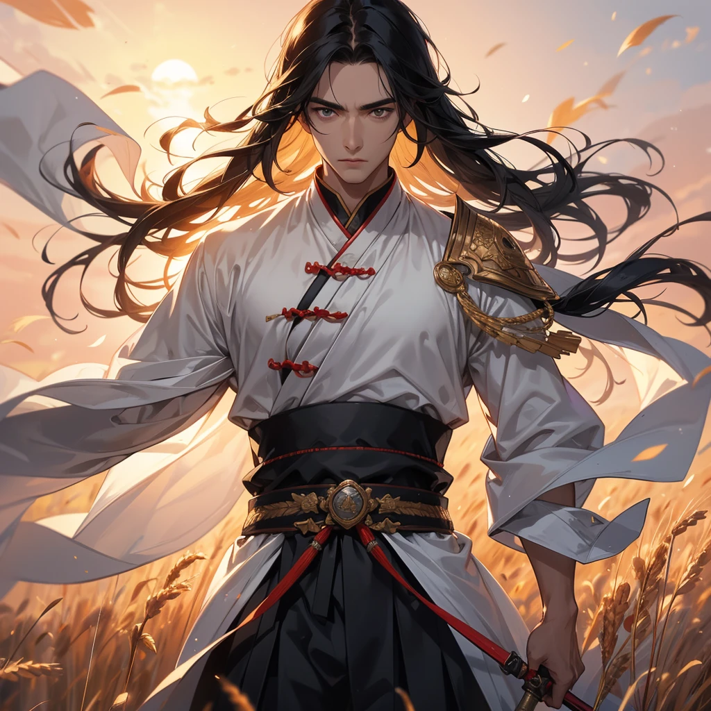 Handsome black-haired male general holding a large sword in white ancient Chinese costume, Standing in the middle of wheat field, sunset, close up.