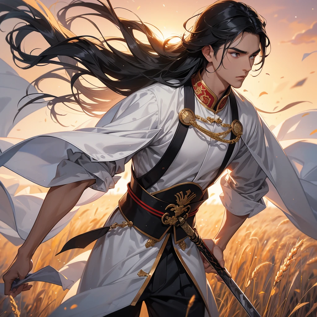 Handsome black-haired male general holding a large sword in white ancient Chinese costume, Standing in the middle of wheat field, sunset, close up.
