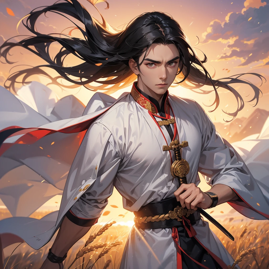 Handsome black-haired male general holding a large sword in white ancient Chinese costume, Standing in the middle of wheat field, sunset, close up.