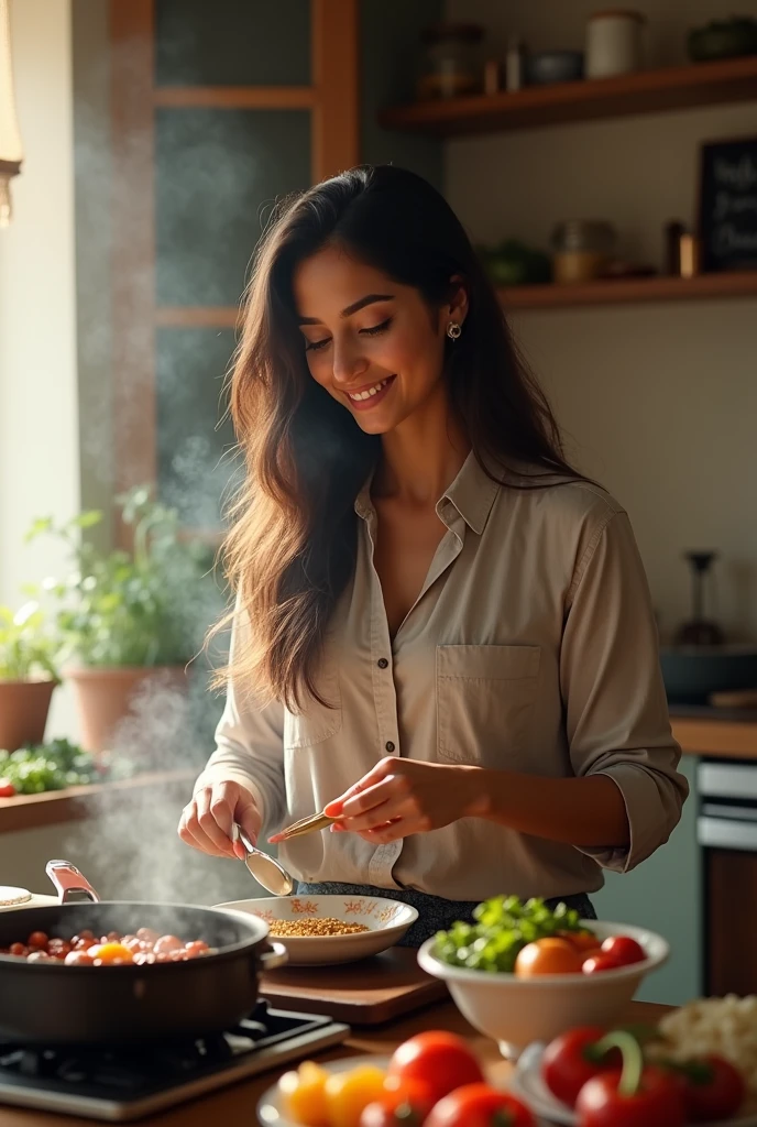 A 30-year-old woman of mixed Indian and Moroccan , long hair , very realistic, chilling at home. cooking