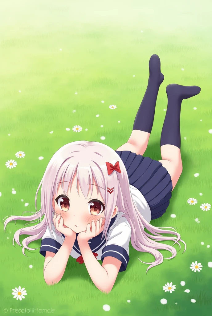 anime girl in school uniform lying on her stomach on grass