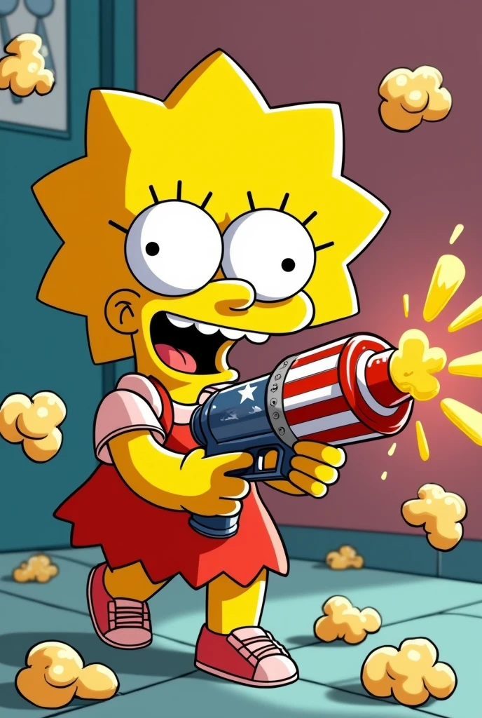 Happy Maggie Simpson with popcorns machinegun