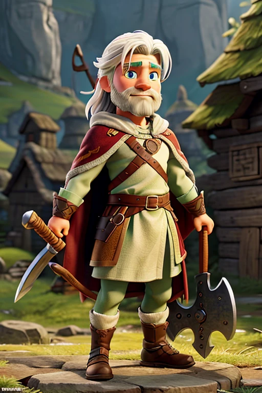 Viking warrior with white hair and green eyes, wearing Viking clothes with a cape and two axes in his hands