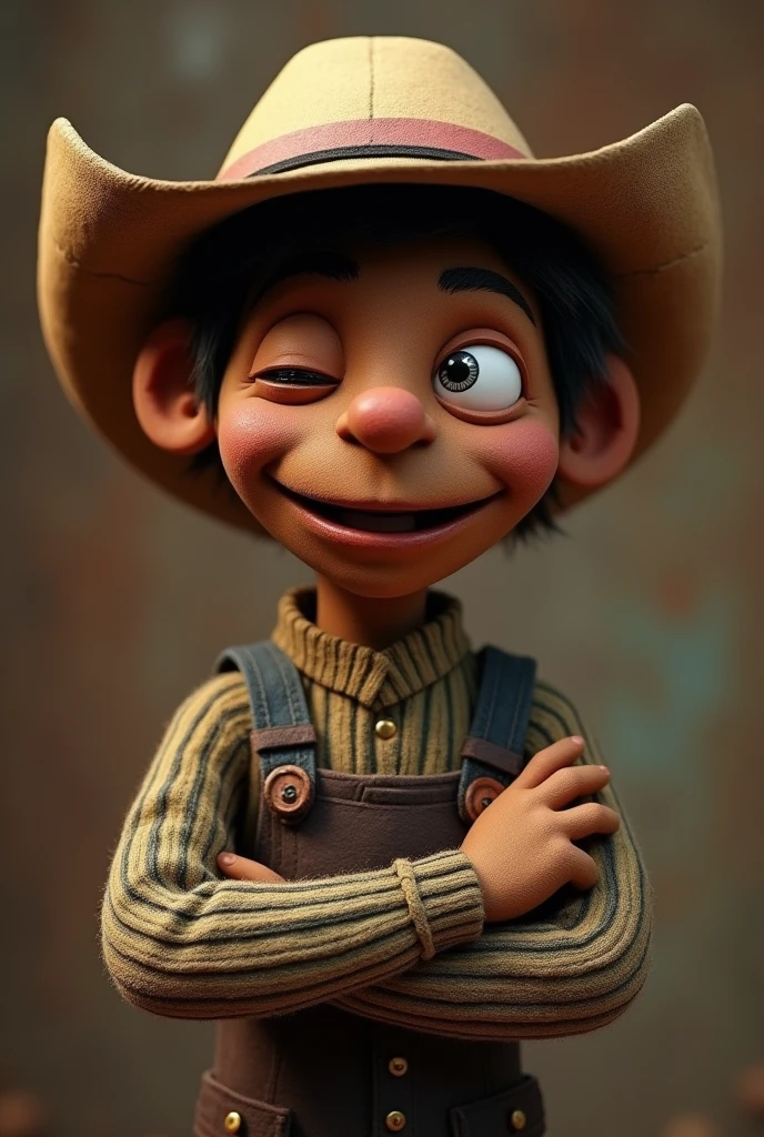 puppet, with a country hat ,dark-skinned,blinking the eye, of crossed arms